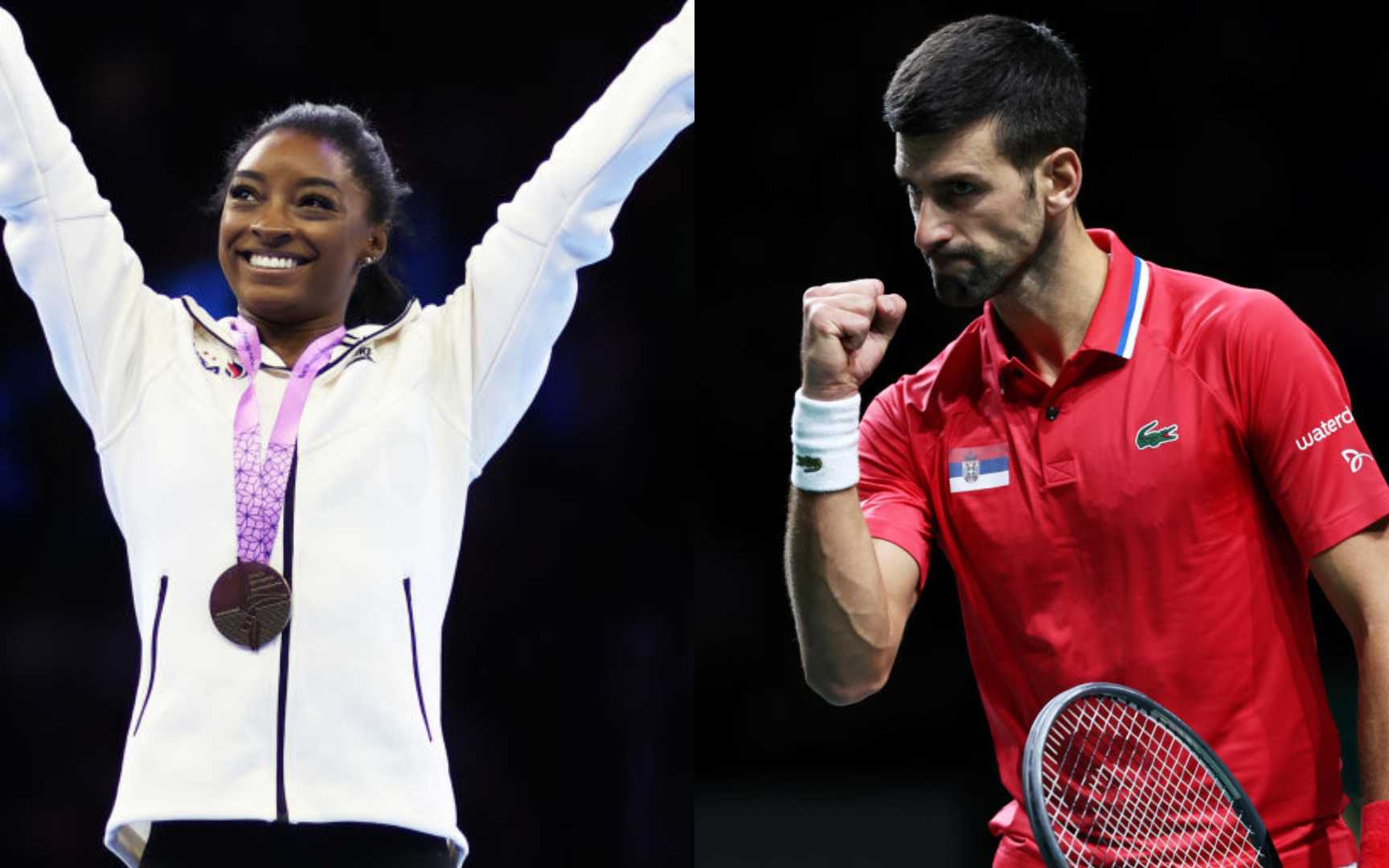 Simone Biles y Novak Djokovic (Right: Photo by Clive Brunskill/Getty Images for ITF; Left: Photo by Photo by Naomi Baker/Getty).