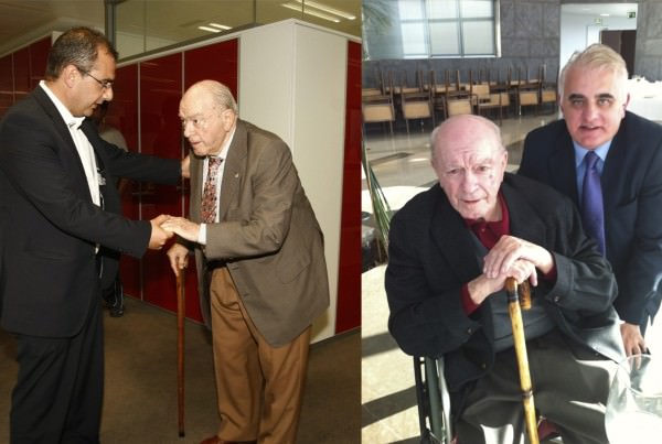 Los directivos de la AEPD, Pedro Pablo San Martín (Subdirector del Diario AS) y Juan Ignacio Gallardo (Subdirector de Marca), en las últimas entrevistas que mantuvieron con don Alfredo Di Stéfano.