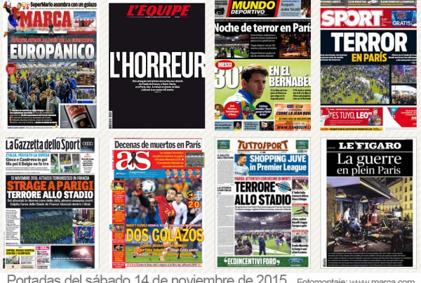 Portadas de los diarios deportivos tras los atentados terroristas de París.