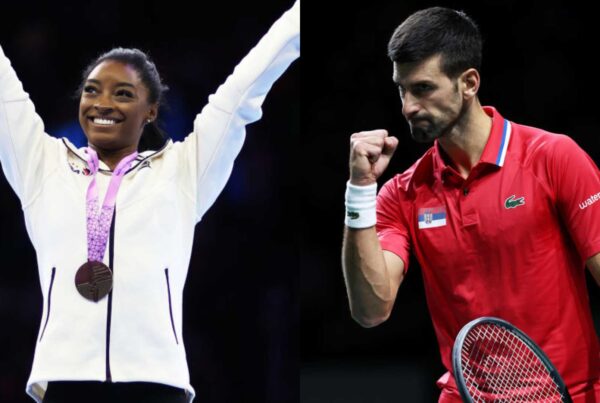 Simone Biles y Novak Djokovic (Right: Photo by Clive Brunskill/Getty Images for ITF; Left: Photo by Photo by Naomi Baker/Getty).